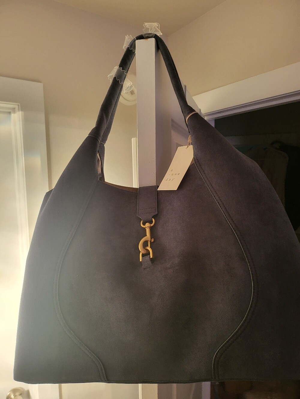 "a new day" Faux Suede Slouchy Shoulder Tote Bag - Blue - Picture 4 of 4